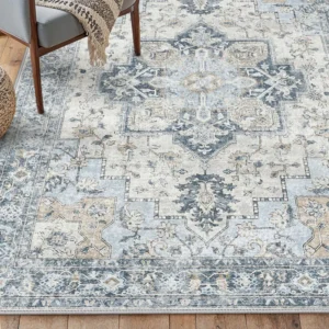 Roehit Oriental Washable Blue Ivory Area Rug