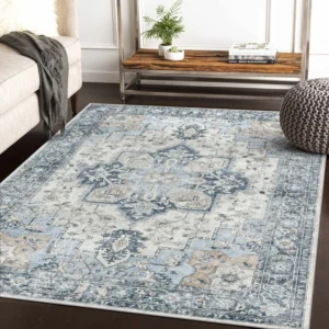 Roehit Oriental Washable Blue Ivory Area Rug