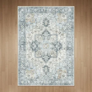 Roehit Oriental Washable Blue Ivory Area Rug